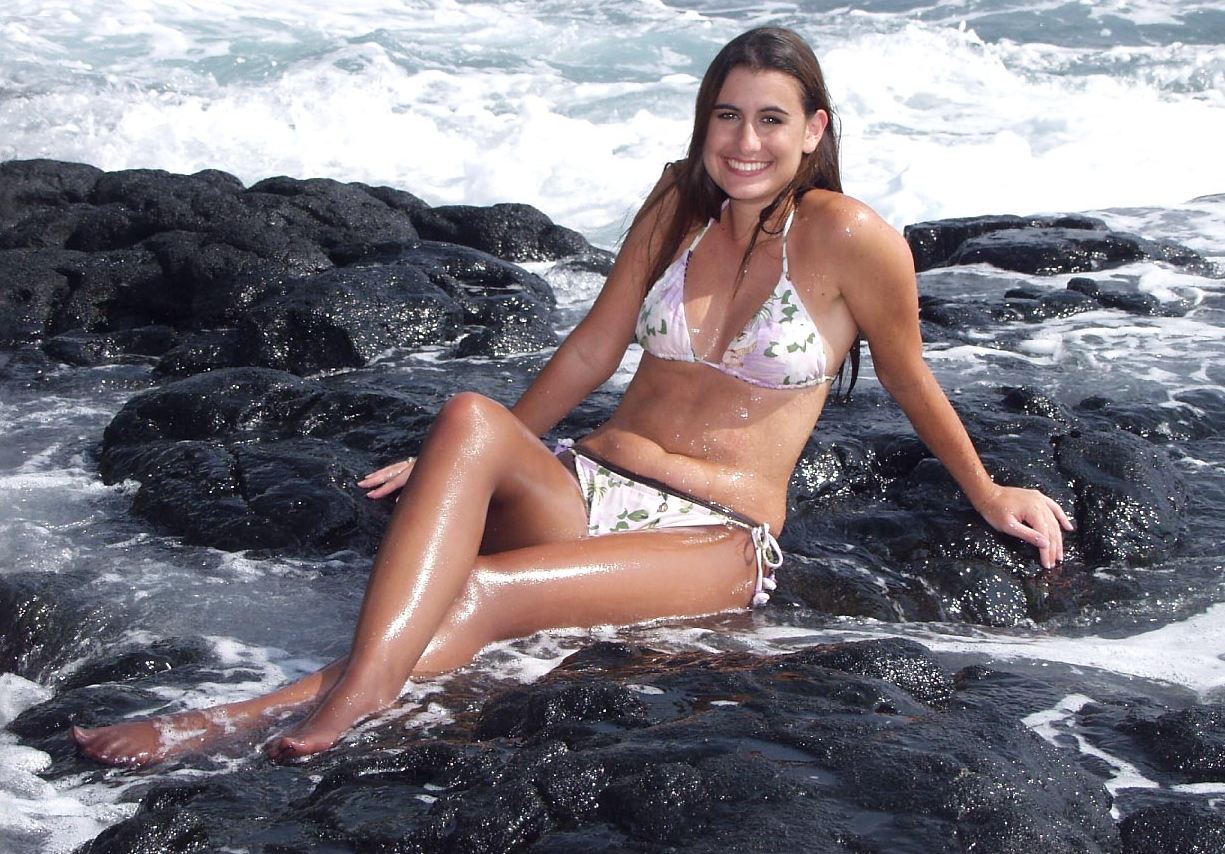 Auburn Young Girl in Wet Tan Pantyhose and White Bikini